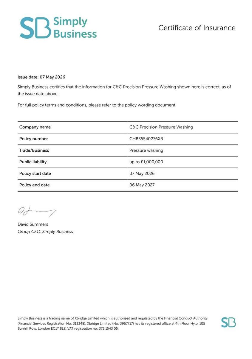 C&C Precision Pressure Washing public liability insurance certificate