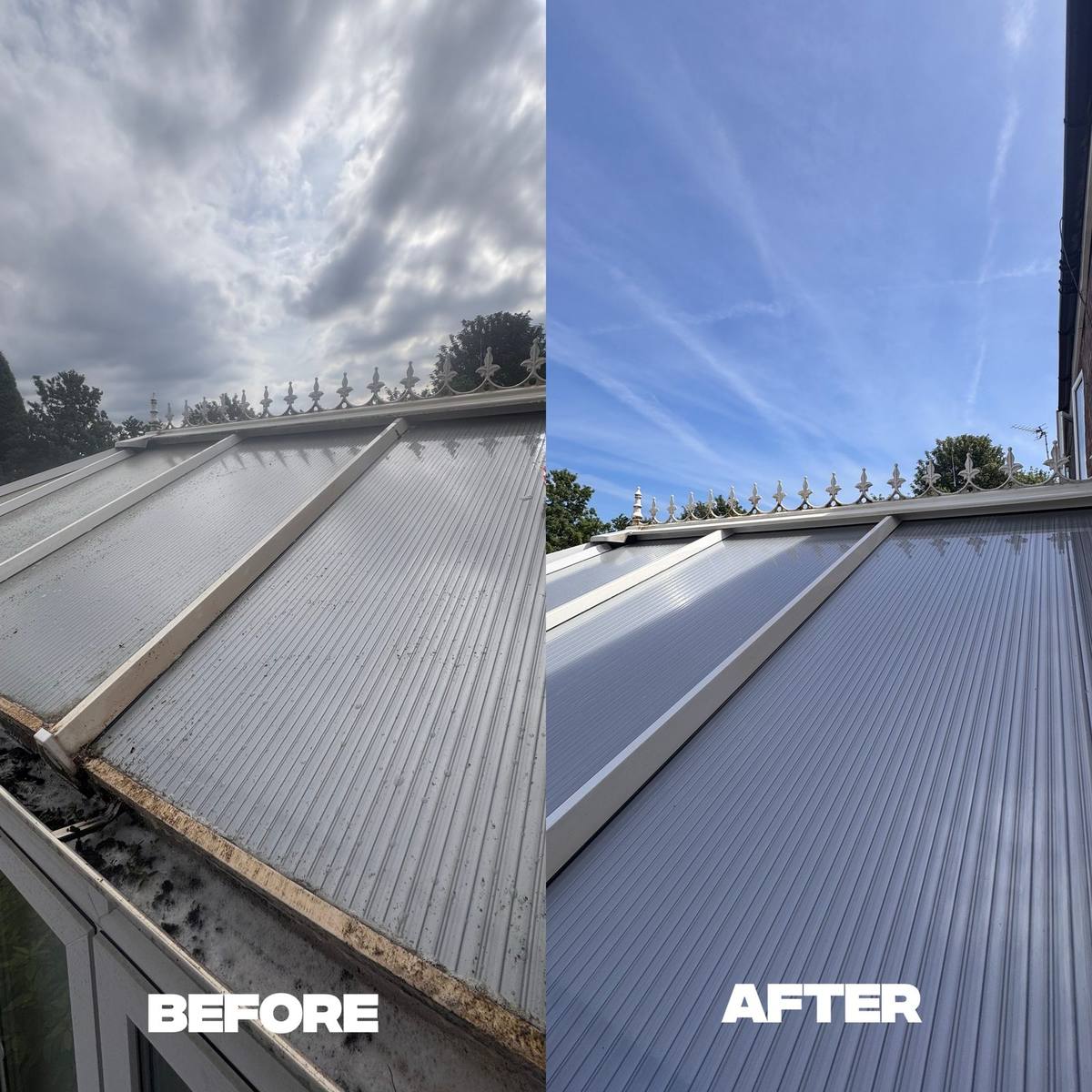 Conservatory Roof before and after professional cleaning in Greater Manchester