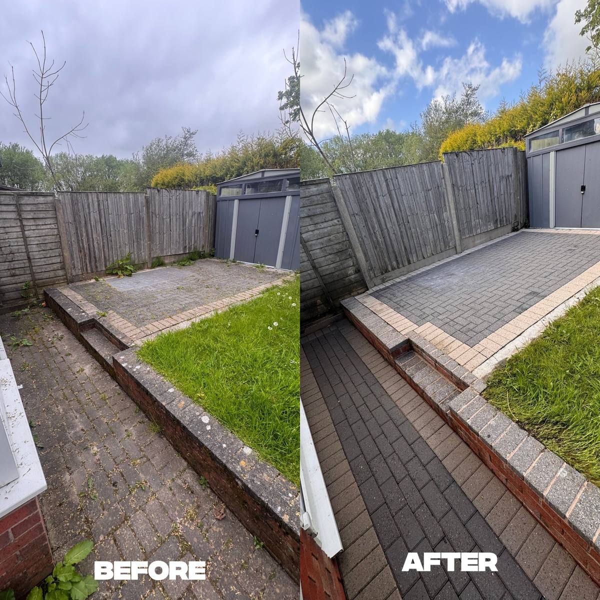Rear Yard & Garage before and after professional cleaning in Greater Manchester