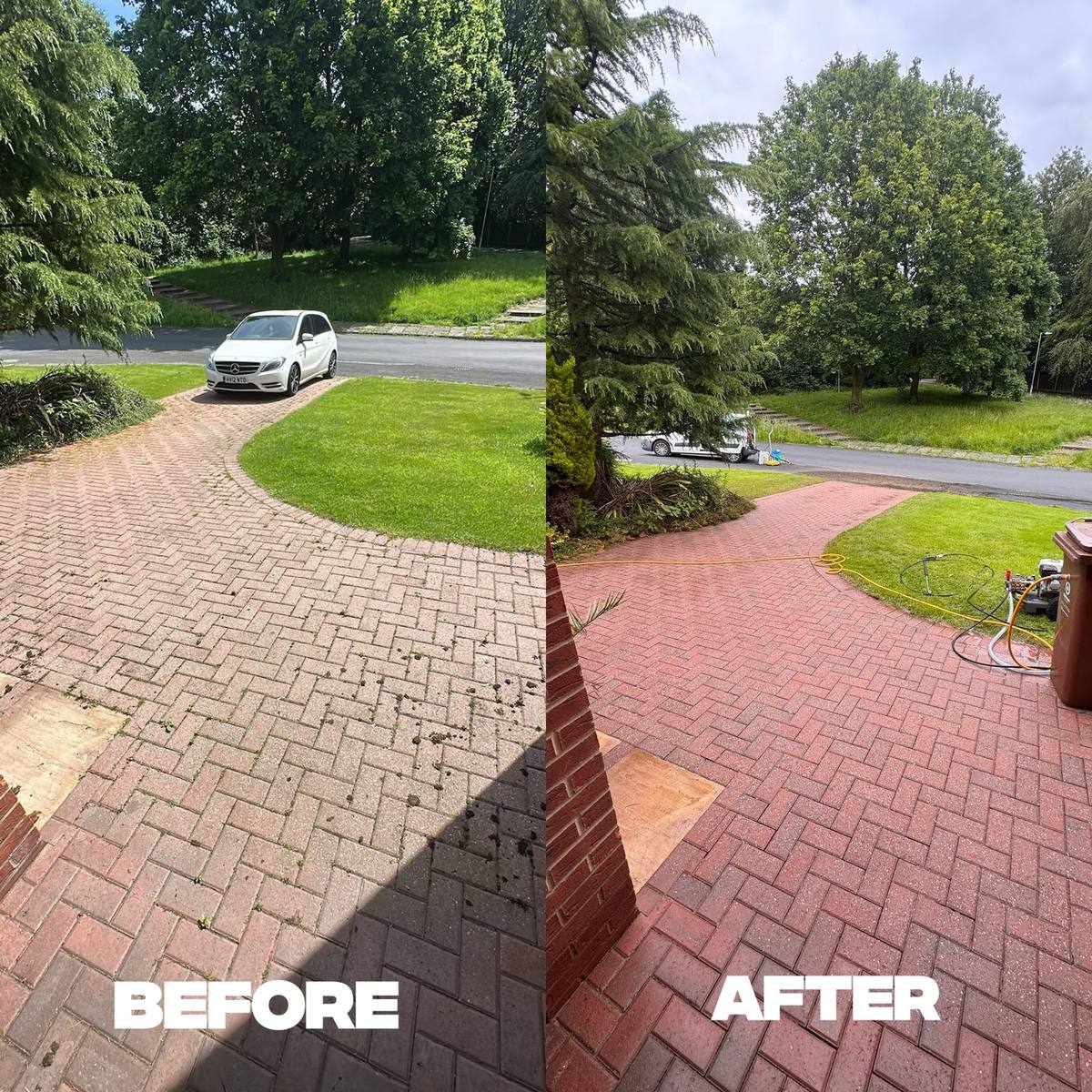 Block Paving Driveway before and after professional cleaning in Greater Manchester