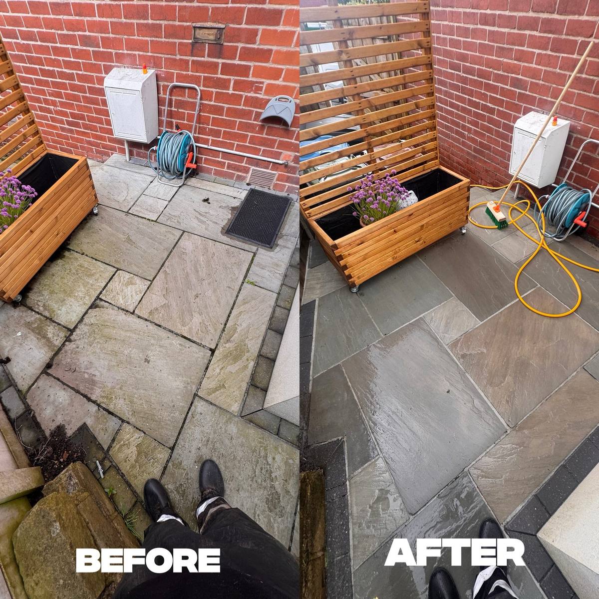 Indian Sandstone Patio before and after professional cleaning in Greater Manchester