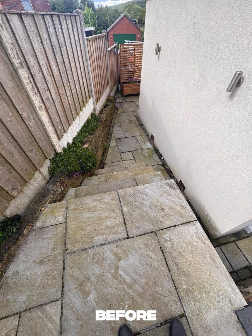 Side view porcelain patio before cleaning