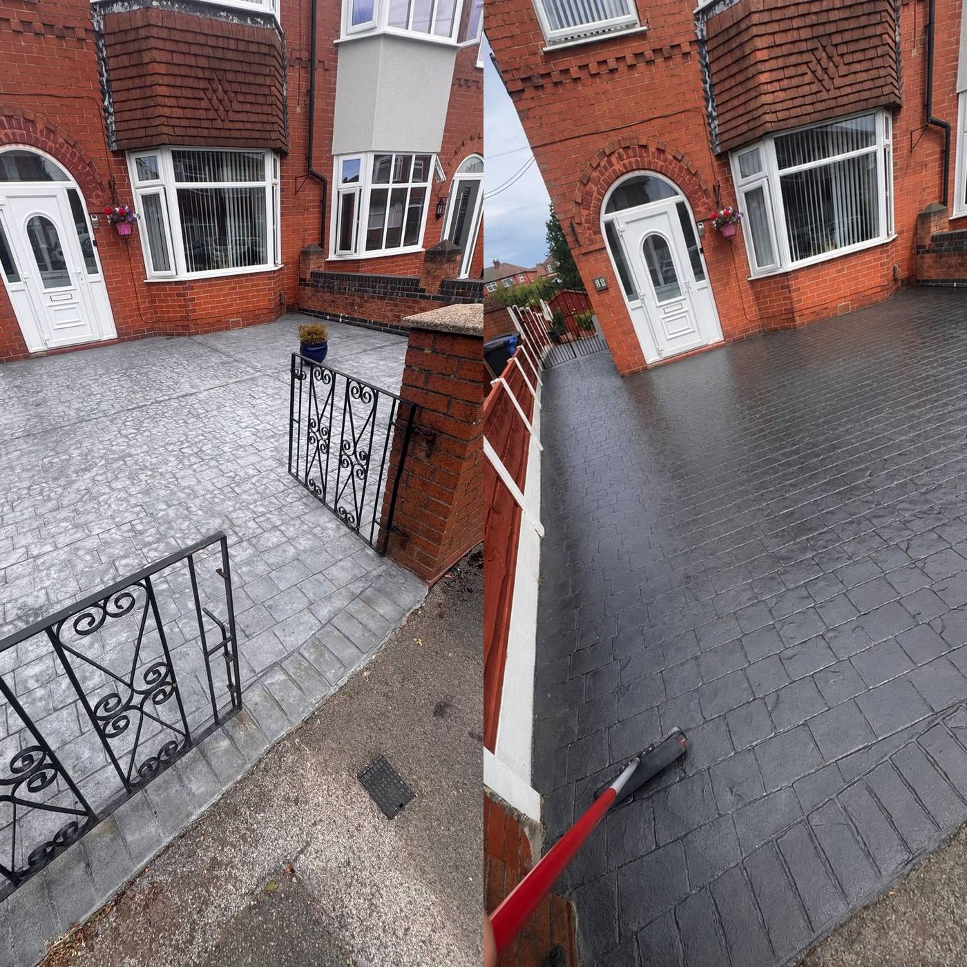 Before and after showing driveway sealer failure reversed — faded pattern imprinted concrete restored and resealed in charcoal