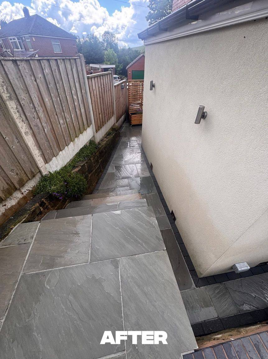Path before and after pressure washing in Royton